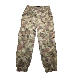 Forever 21 Abstract Swirl Cargo Pants Green Tan Burgundy Cotton Joggers Small